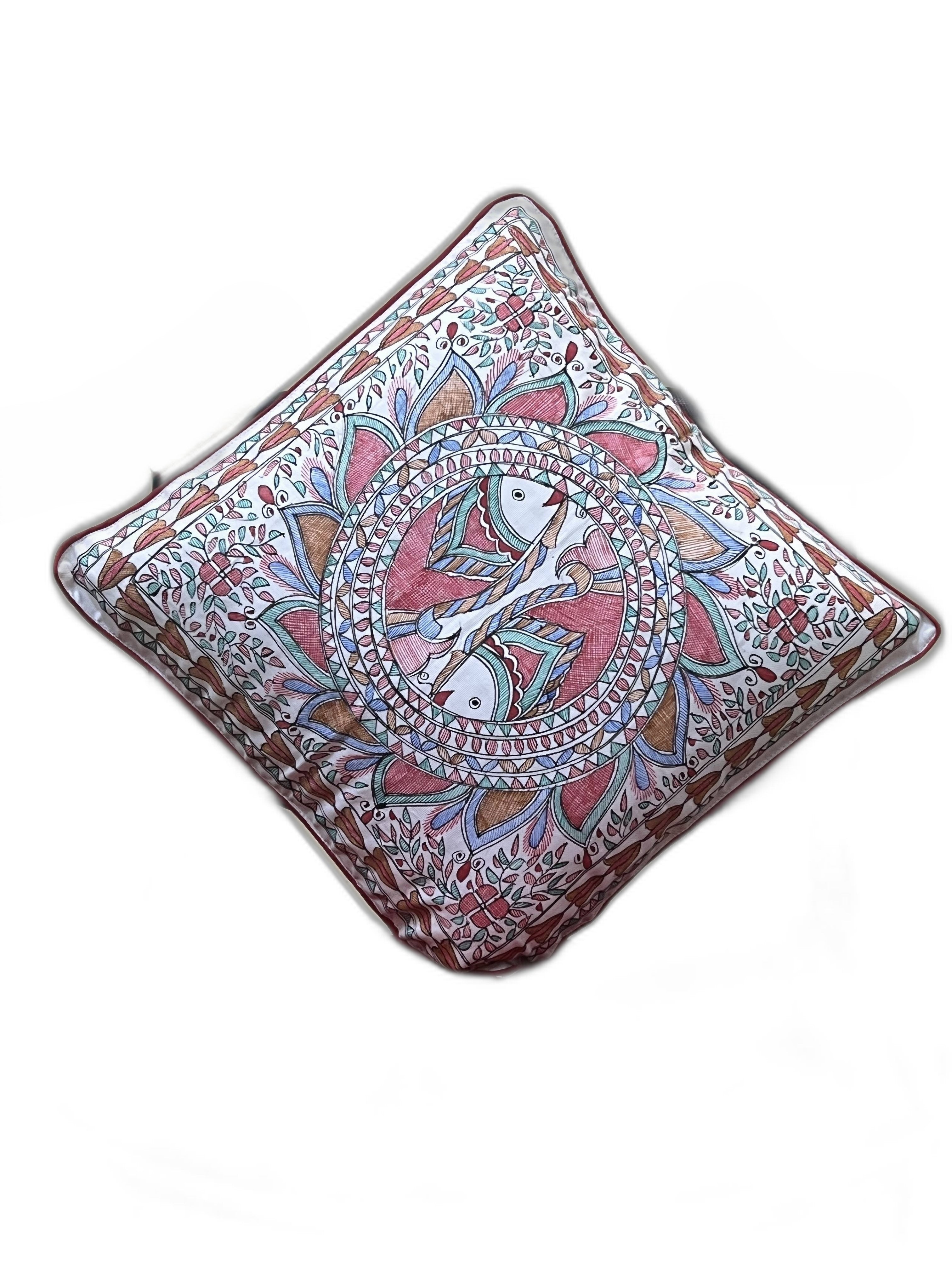 HAND-PAINTED MADHUBANI TWIN FISH CUSHION COVER